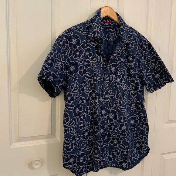 Tommy Hilfiger Blue Hawaiian Floral Print Short Sleeve Button Front Shirt XL - Picture 4 of 10